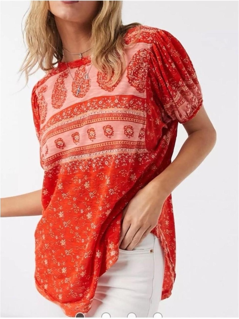 Free People Red Paisley & Stripe High-Low Tunic